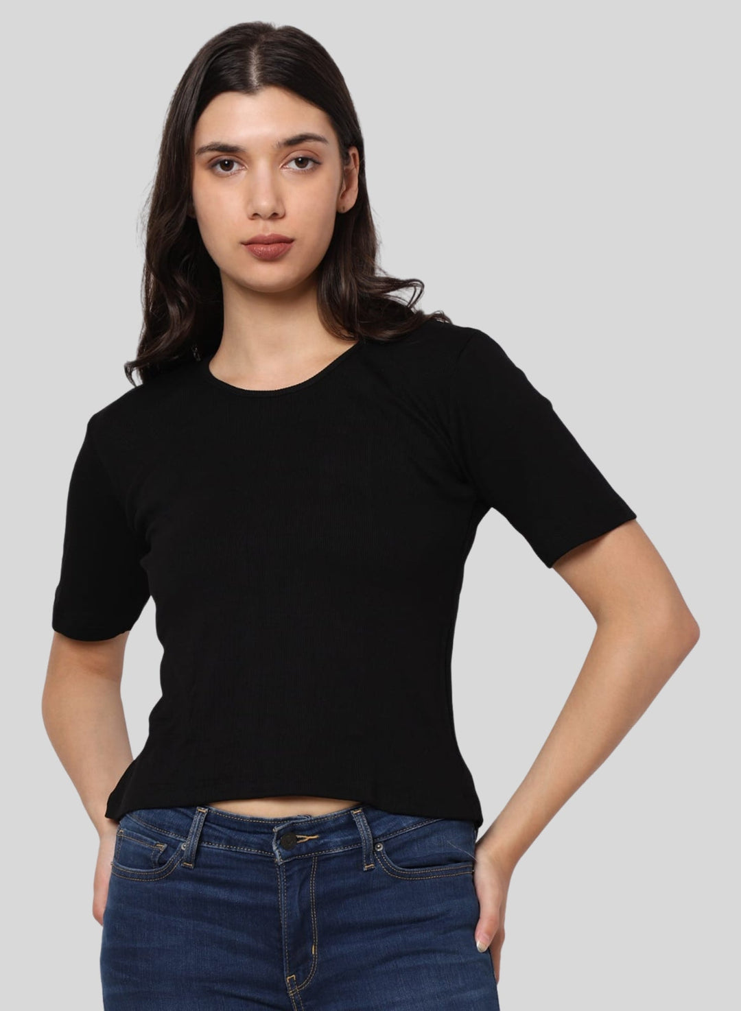 Elegant Bamboo Rib fabric Half Sleeves Top For Women | Black