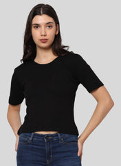 Elegant Bamboo Rib fabric Half Sleeves Top For Women | Black