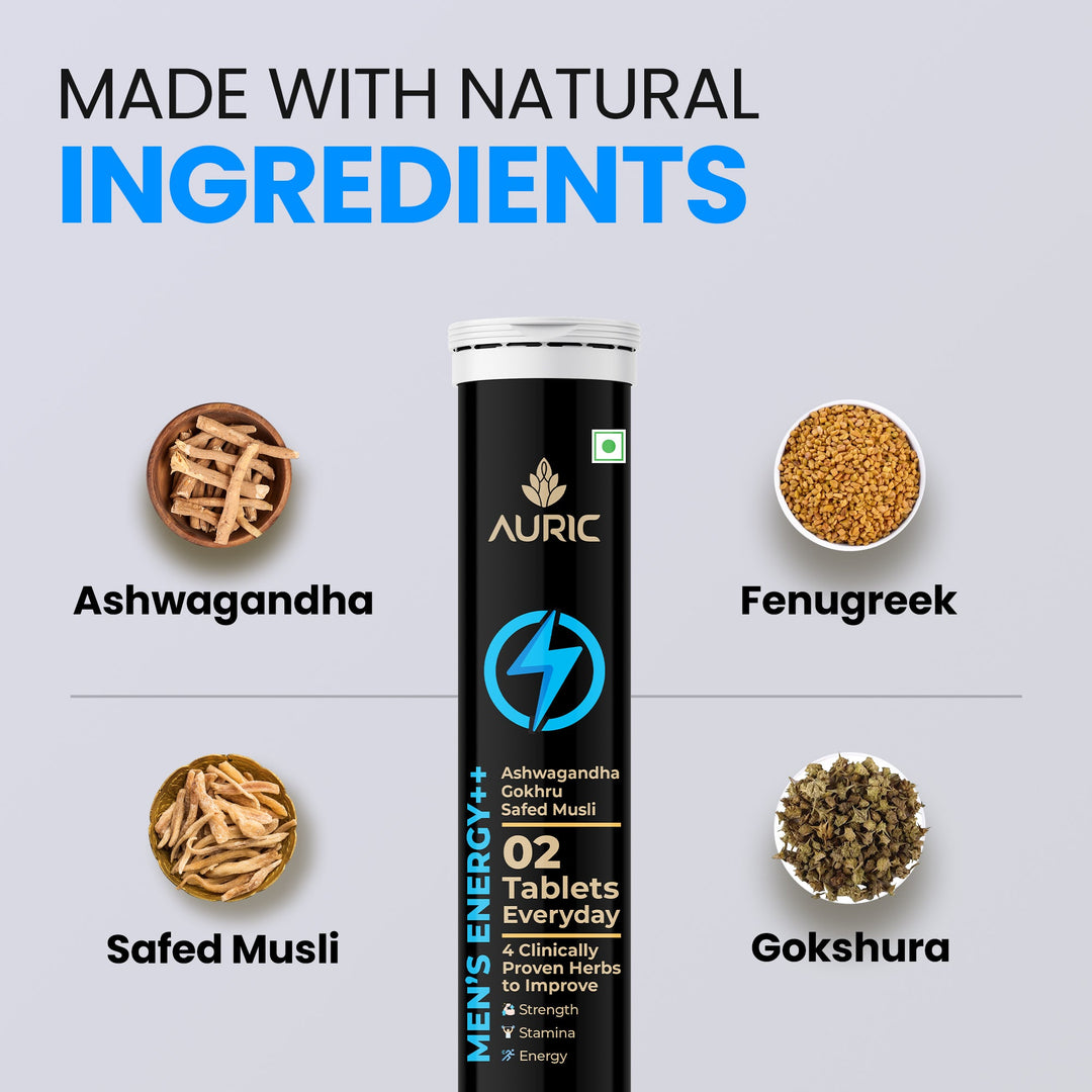 Auric Men’s Energy++ Ashwagandha, Gokshura, Safed Musli, Fenugreek, L Citrulline and Zinc | Helps Improve Vitality, Stamina & Strength