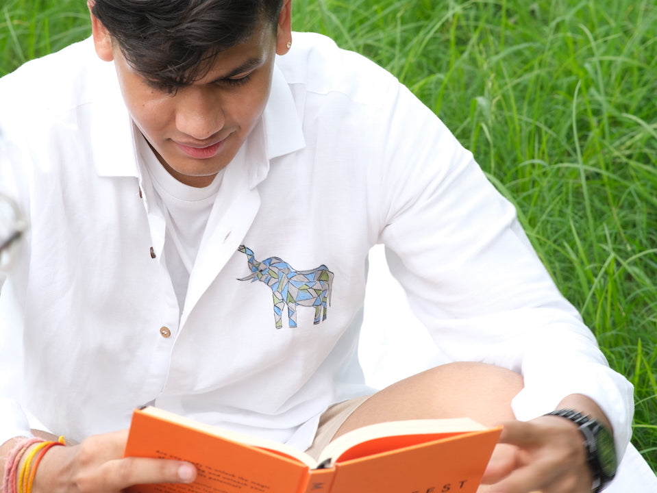 Bahem Men White Hemp-Lyocell Shirt- Hand Painted