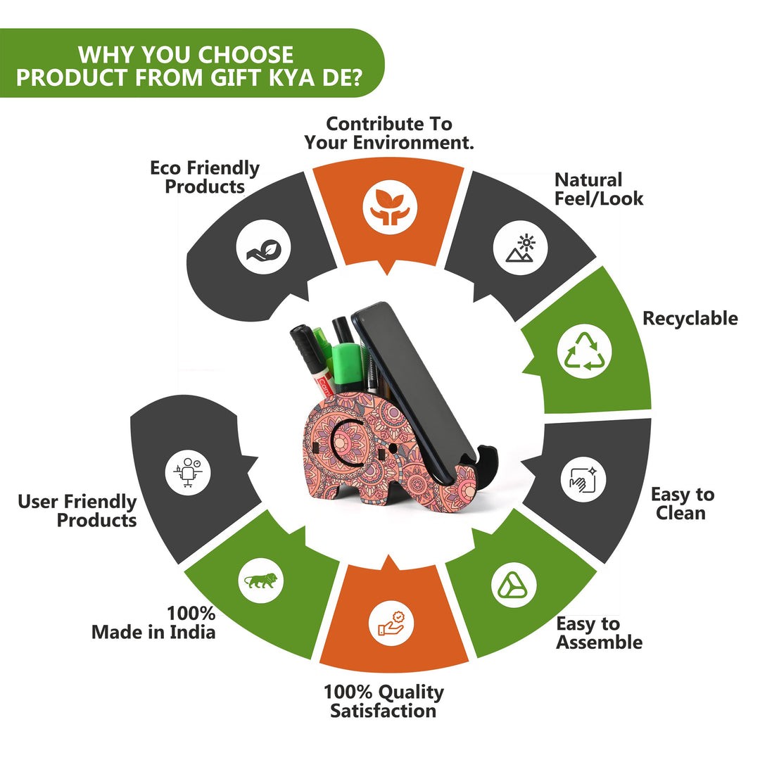 Gift Kya De Elephant Shaped Wooden Pen Holder & Mobile Stand | Mandala Art Design | Also with Test Tube Planter
