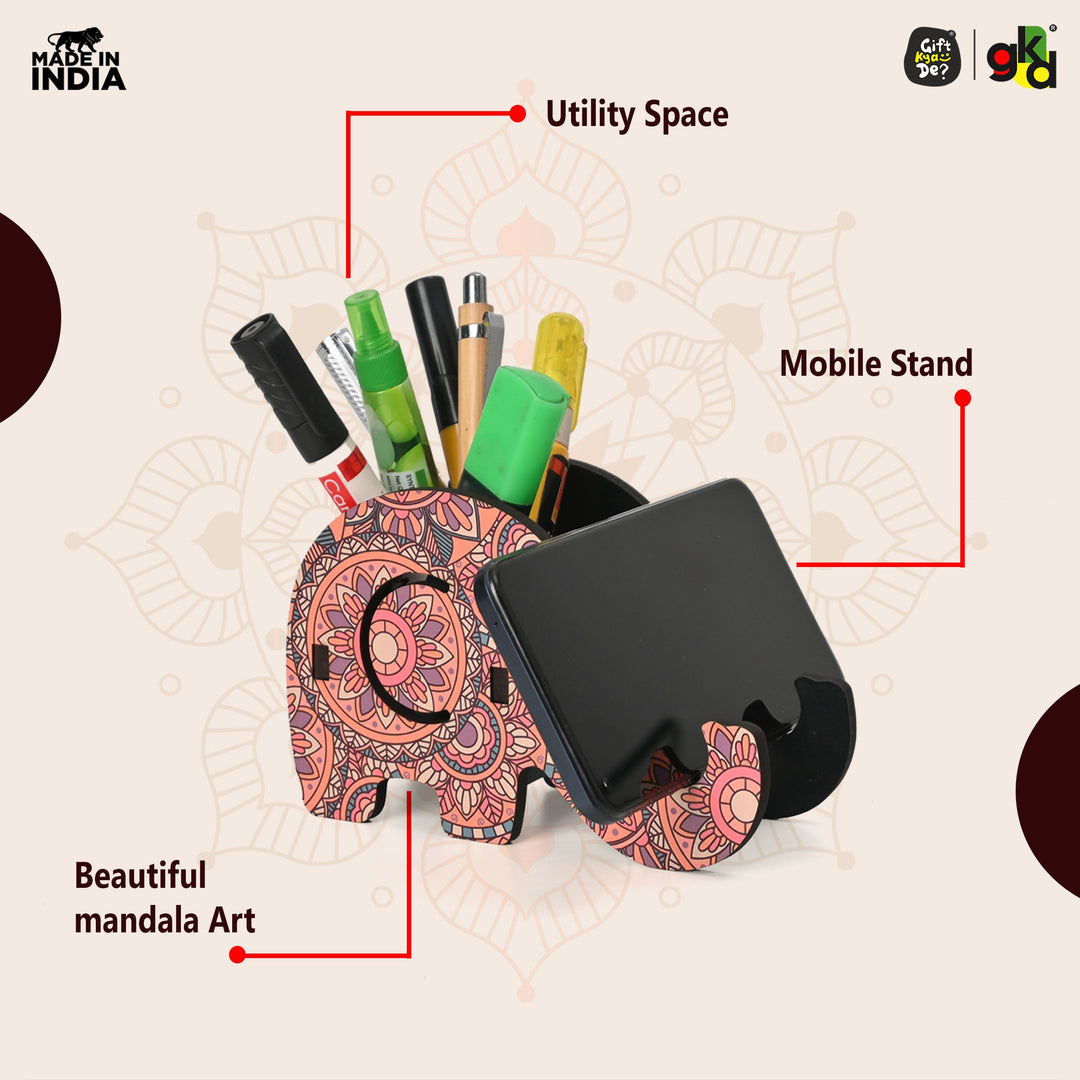 Gift Kya De Elephant Shaped Wooden Pen Holder & Mobile Stand | Mandala Art Design | Also with Test Tube Planter