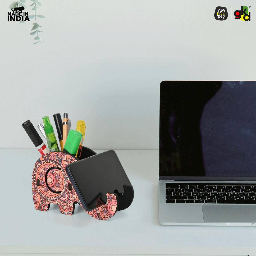 Gift Kya De Elephant Shaped Wooden Pen Holder & Mobile Stand | Mandala Art Design | Also with Test Tube Planter