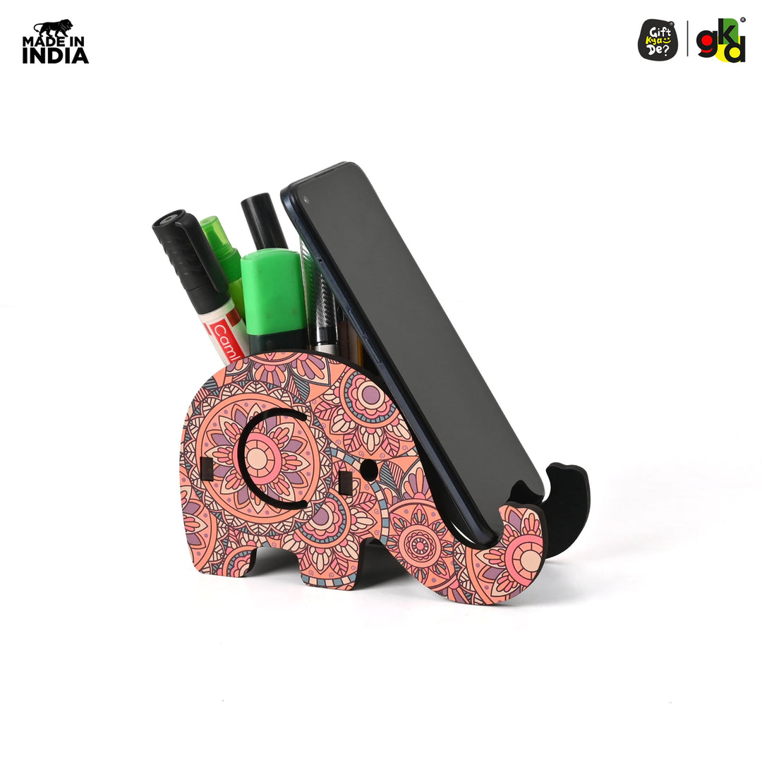 Gift Kya De Elephant Shaped Wooden Pen Holder & Mobile Stand | Mandala Art Design | Also with Test Tube Planter