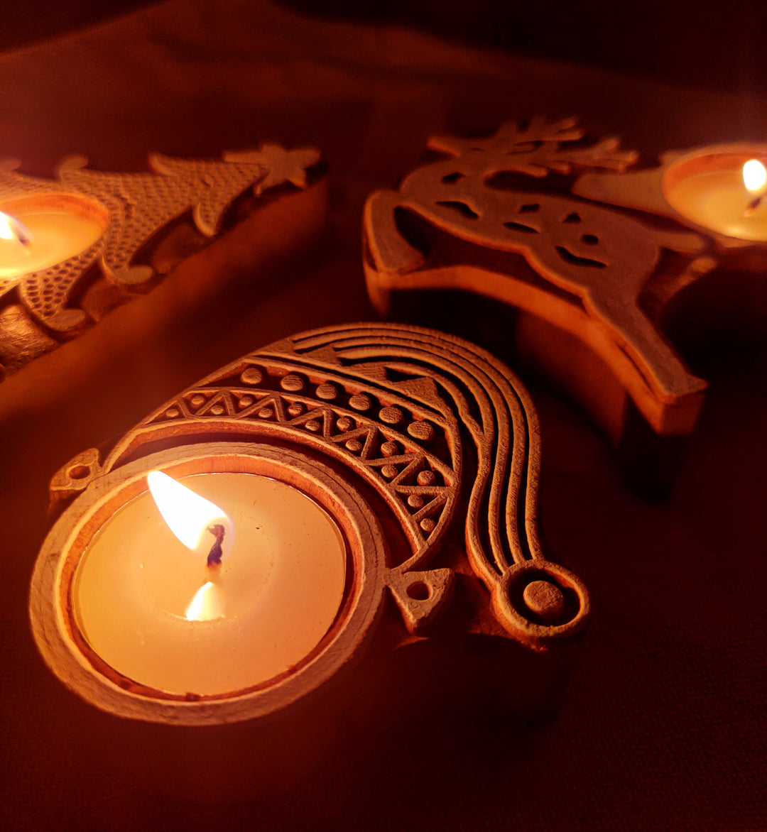 Greenfootprint Handcrafted wooden Christmas tealight candle  holders | set of 3