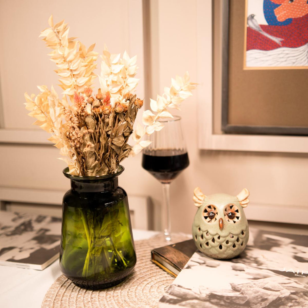 Emerald Elegance Vase with Dried Flower Bunch | Decorative Glass Vase