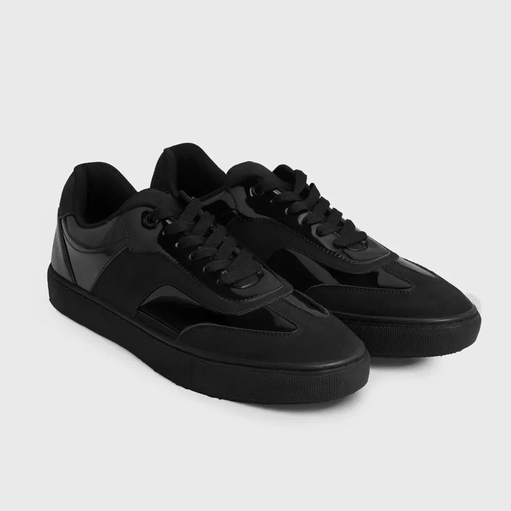 Ethik Glide Patent Black Layered Panel Sneakers | Vegan Leather