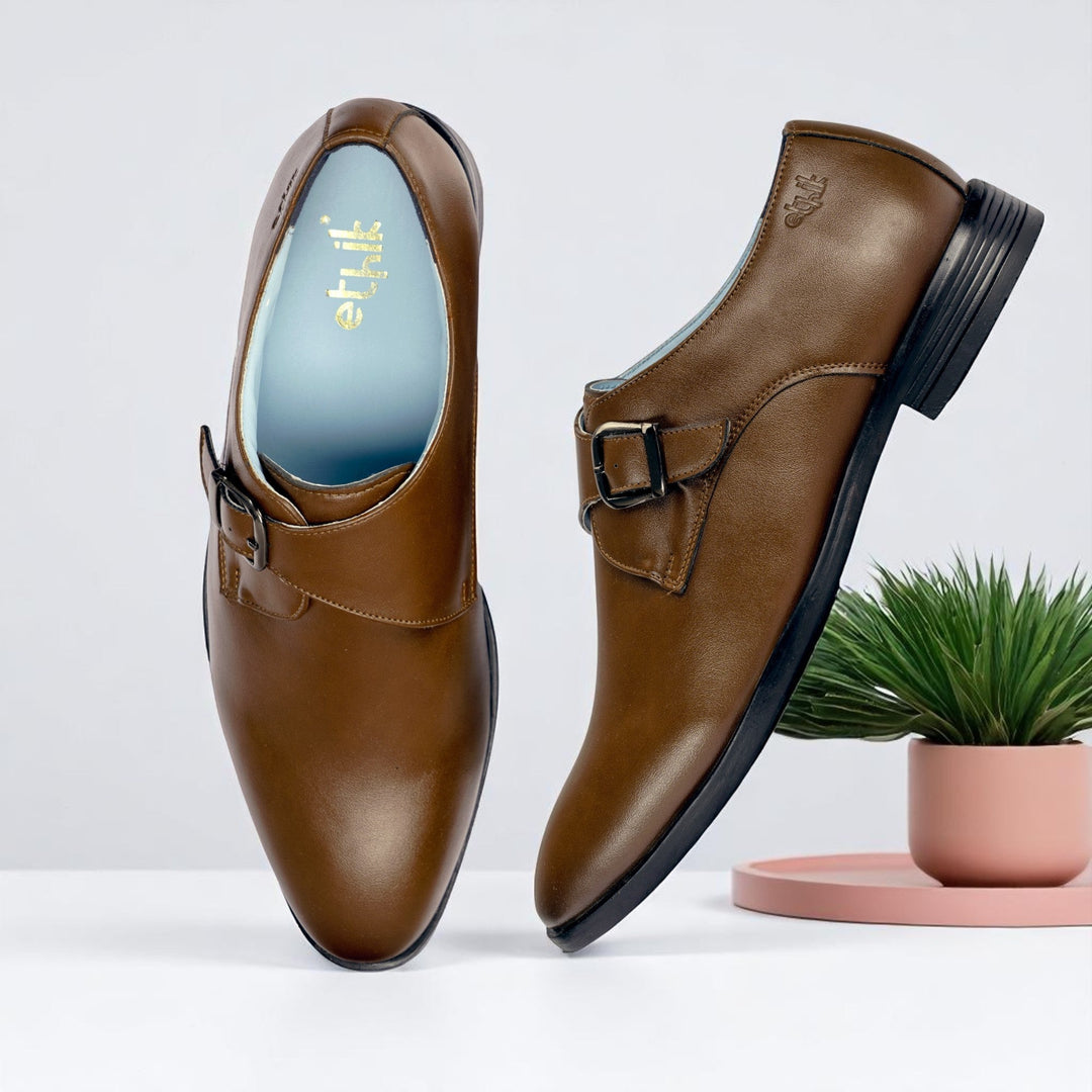 Ethik Monk Knight Brown Formal Shoes for Men | Classic Single Monk Strap | Vegan Leather - Suspire
