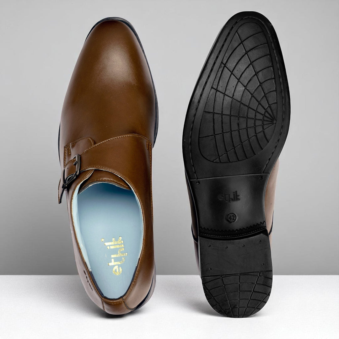 Ethik Monk Knight Brown Formal Shoes for Men | Classic Single Monk Strap | Vegan Leather - Suspire