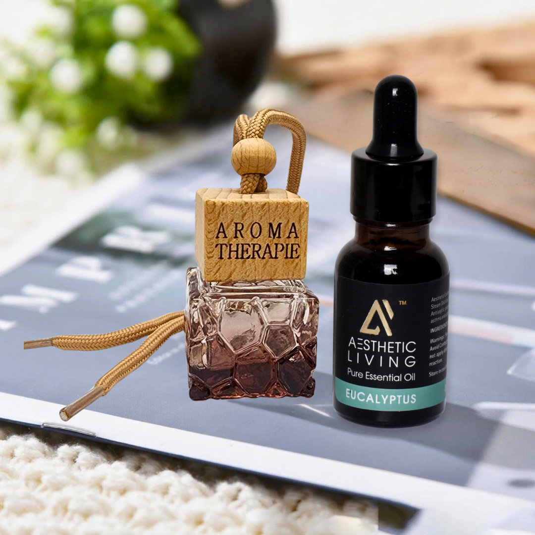 Aesthetic Living Car Aromatizer Diffuser Bottle with Essential Oil (Square colored transparent combo- 8ml + Essential Oil- 15 ml)