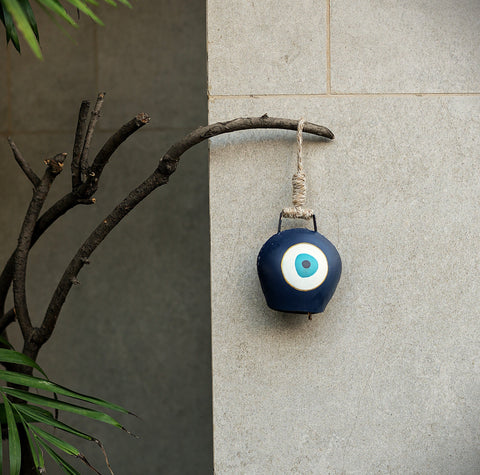 Evil Eye Cowbell Hanging | Handcrafted and Sustainable | Protective Wall & Door Hanging with Soothing Sound