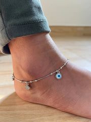 Evil Eye Sterling Silver Anklet with Foral Charms and Beads (White Stone)