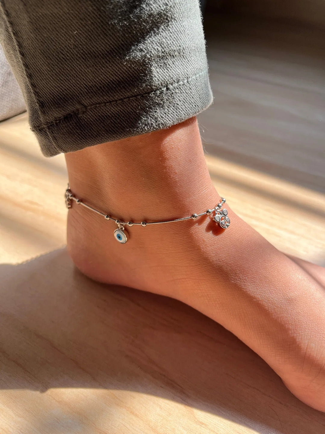 Evil Eye Sterling Silver Anklet with Foral Charms and Beads (White Stone) - Suspire