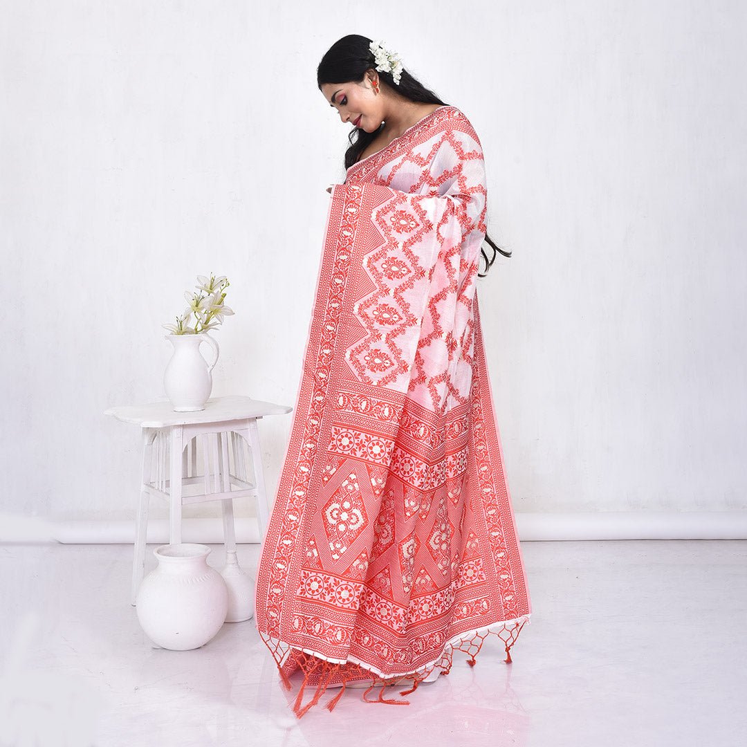 Stotra Red & White Linen Saree - Suspire