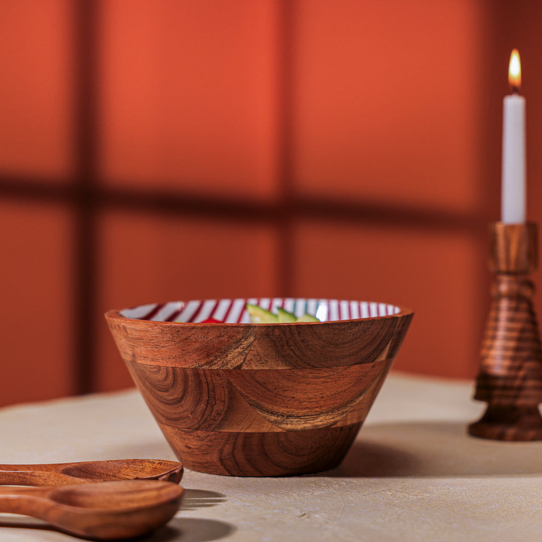 Ireka Homes Handcrafted Ripple Serving Bowls - Multipurpose Acacia Wood Bowls With Enamel - Durable Bowls for Serving Food, Snacks, and Desserts (8 inches)