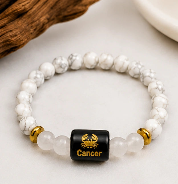 Bamboology Trends Cancer Zodiac Howlite & Milky Quartz Gemstone Bracelet | Certified Natural Crystal Bracelet for Emotional Balance, Calmness, Intuition & Protection