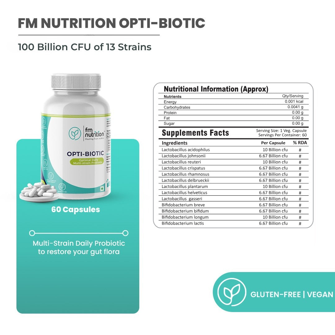 FM Nutrition Opti-Biotic I Multi-Strain Daily Probiotic I  100 Billion CFU of  Multi-Strains I Probiotic-Prebiotic-Postbiotic I  Gluten-free I Vegan I Stomach acid resistant I 60 Delayed-Release Caps
