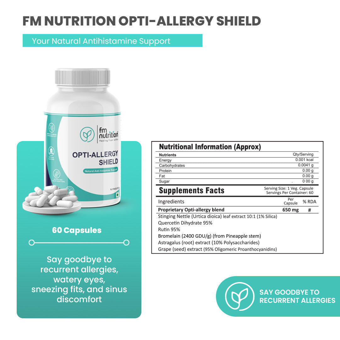 FM Nutrition Opti-Allergy Shield I Natural Anti-Histamine Complex I Quercetin with Bromelain and plant derivatives I Vegan I Non-GMO I 60 Veg Capsules