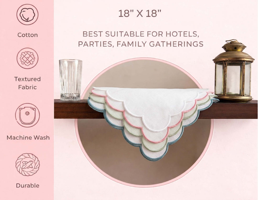 Scallop Edge Cloth Napkins –Set of 4, Reusable & Washable Table Napkins