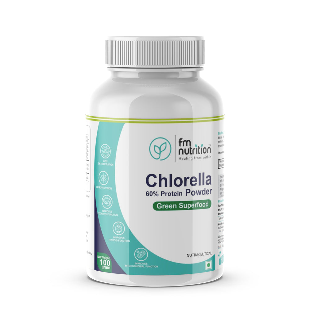 FM Nutrition Chlorella I Natural Binder I Plant protein I Heavy Metal Detox I Rich in Omega 3 I Mitochondrial Health Booster I Vegan I Non-GMO I 100gm powder