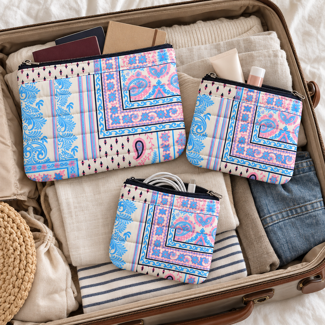 Pravaah Punh Quilted Cotton Flat Pouch Set of 3, Multipurpose Organisers