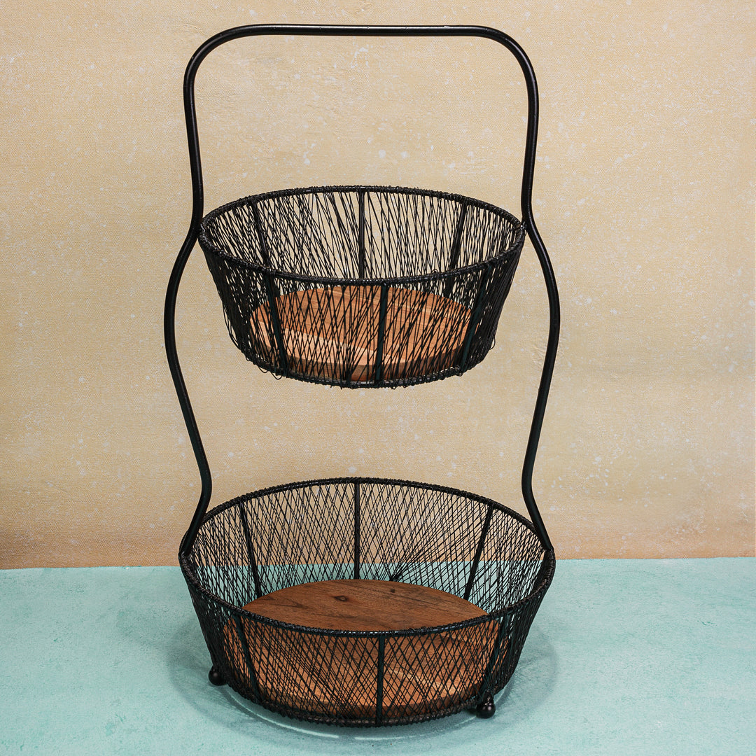 Ireka Homes Nest Basket – Handcrafted Acacia Wood & Metal Storage Basket – Sturdy 2-Tier Organizer for Fruits, Vegetables & Kitchen Essentials