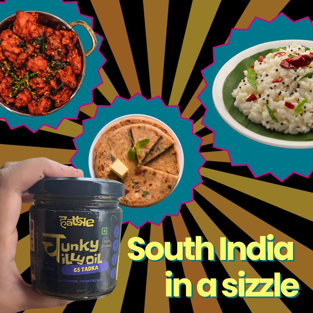 HATTKE Chunky Chilli Oil, 65 Tadka Flavour, South Indian Style Cooking & Drizzling Oil with Curry Leaves and Garlic, All Natural, No Preservatives, Natural & Fresh Ingredients - 175g