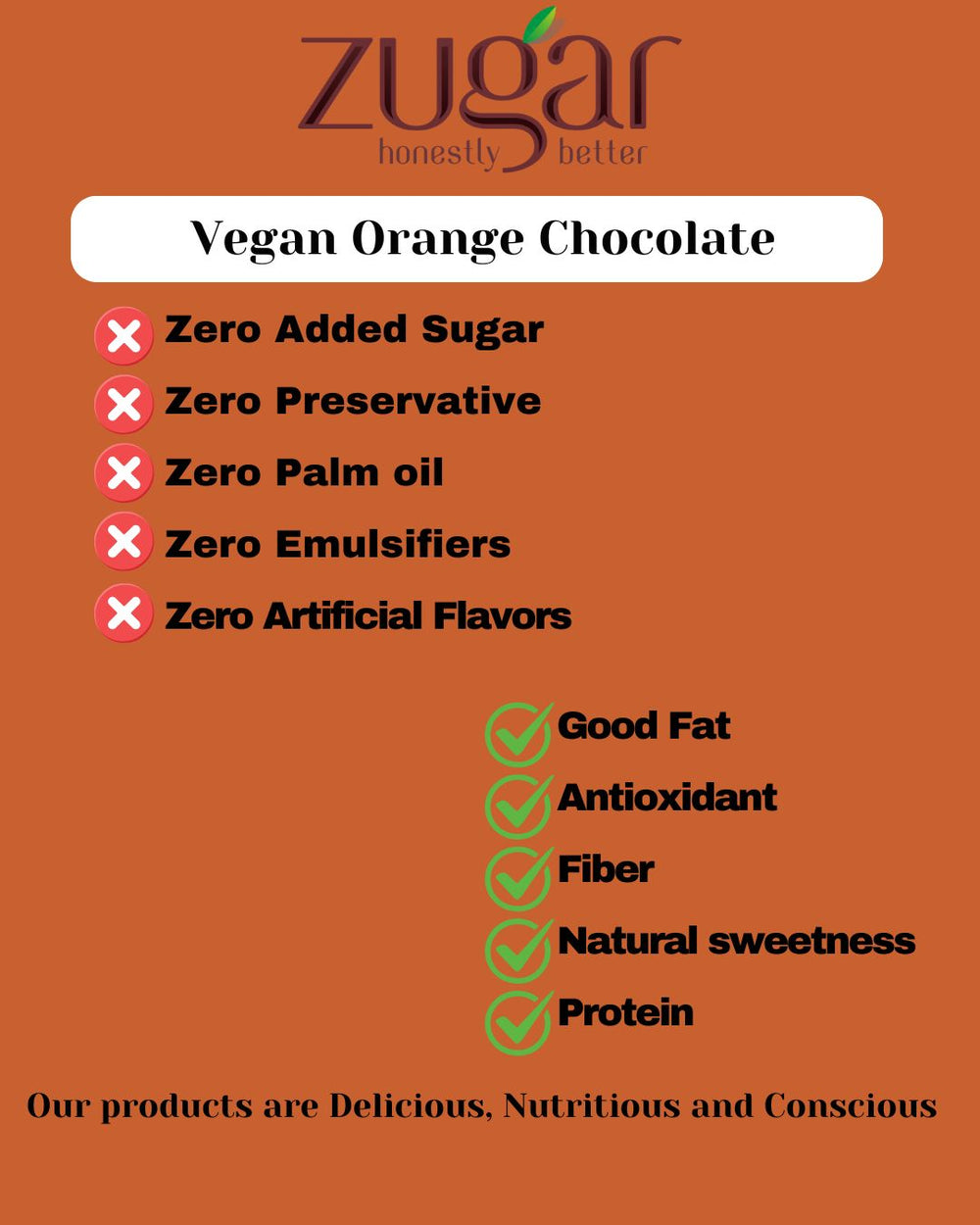 Zugar Vegan Orange Dark Chocolate | 55% Cacao, No Refined Sugar | 45g