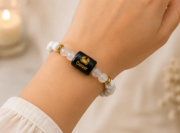 Bamboology Trends Cancer Zodiac Howlite & Milky Quartz Gemstone Bracelet | Certified Natural Crystal Bracelet for Emotional Balance, Calmness, Intuition & Protection