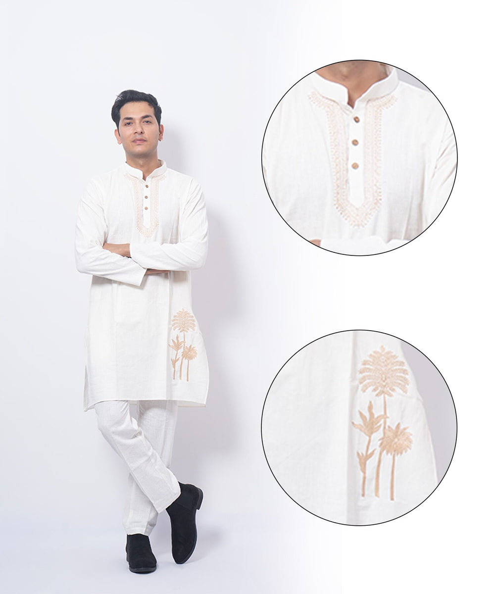 Feel Weaves Elegant White Palm Embroidered Kurta Set