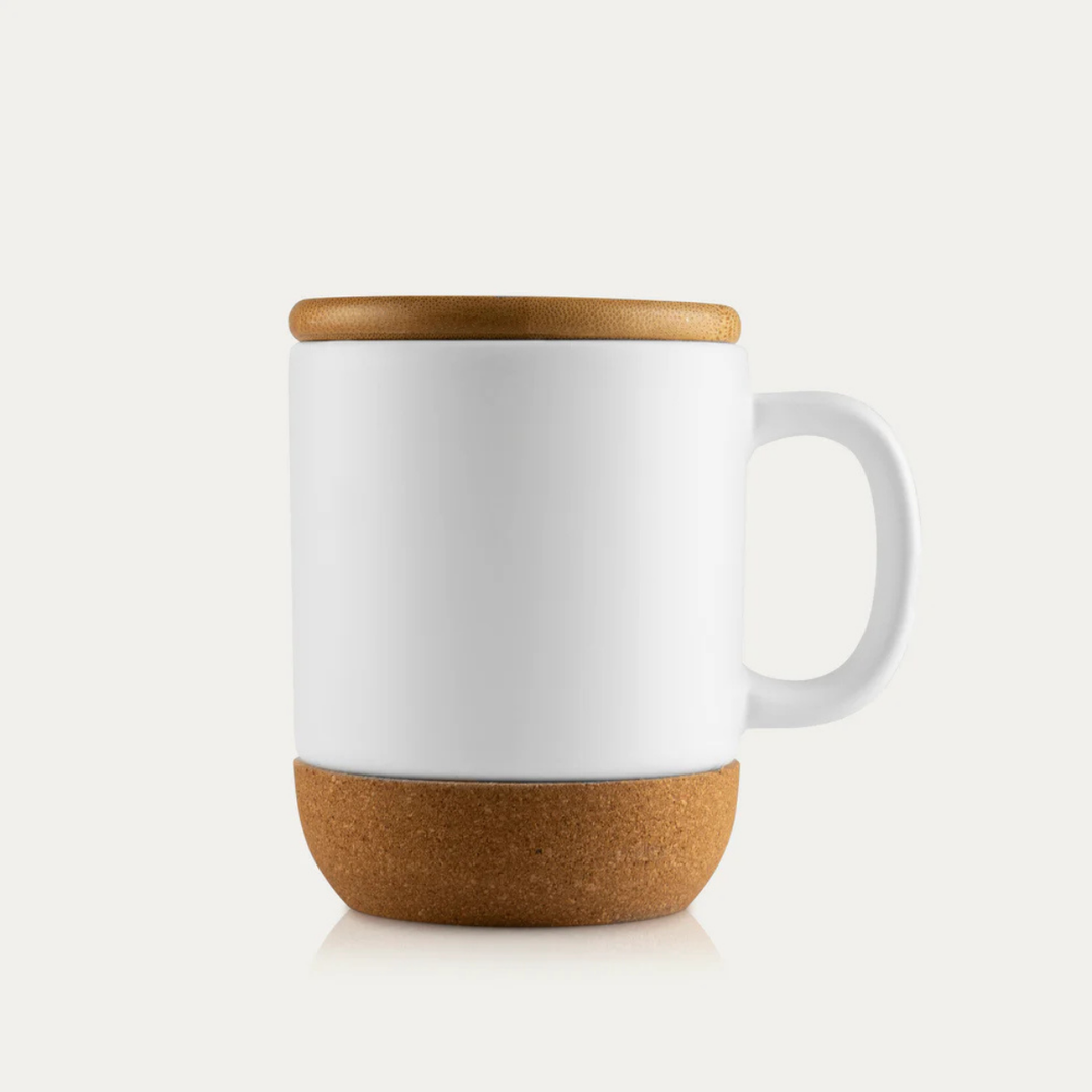 The Bamboo Bae Cork Coffee Mug | Porcelain Mug with Cork Base & Bamboo Lid | Eco Friendly Ceramic Cup | Heat Resistant | Unique Gift