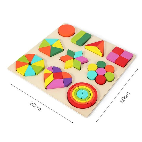 Wudly - Wooden Shapes Puzzle Learning Toy, Montessori Game Educational Toys, Intelligence Brain Teaser Puzzle Board With 10 Designer Shapes,(set of 54 pcs), 3+ Years, Chid Safe Certified, Multi colors.