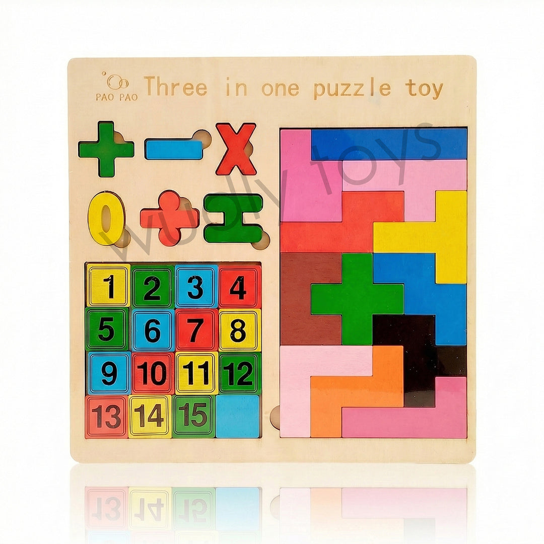Wudly Toys Wooden 4 in 1 Learning Puzzle Board | Alphabet, Numbers, Shapes & Blocks