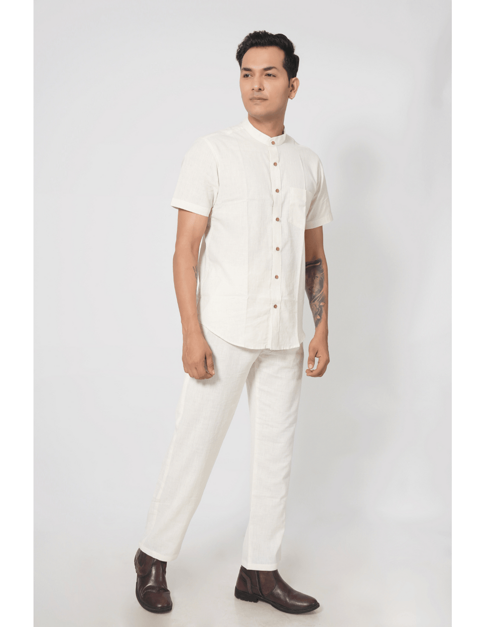 Feel Weaves White Stand Collar Pocket Shirt