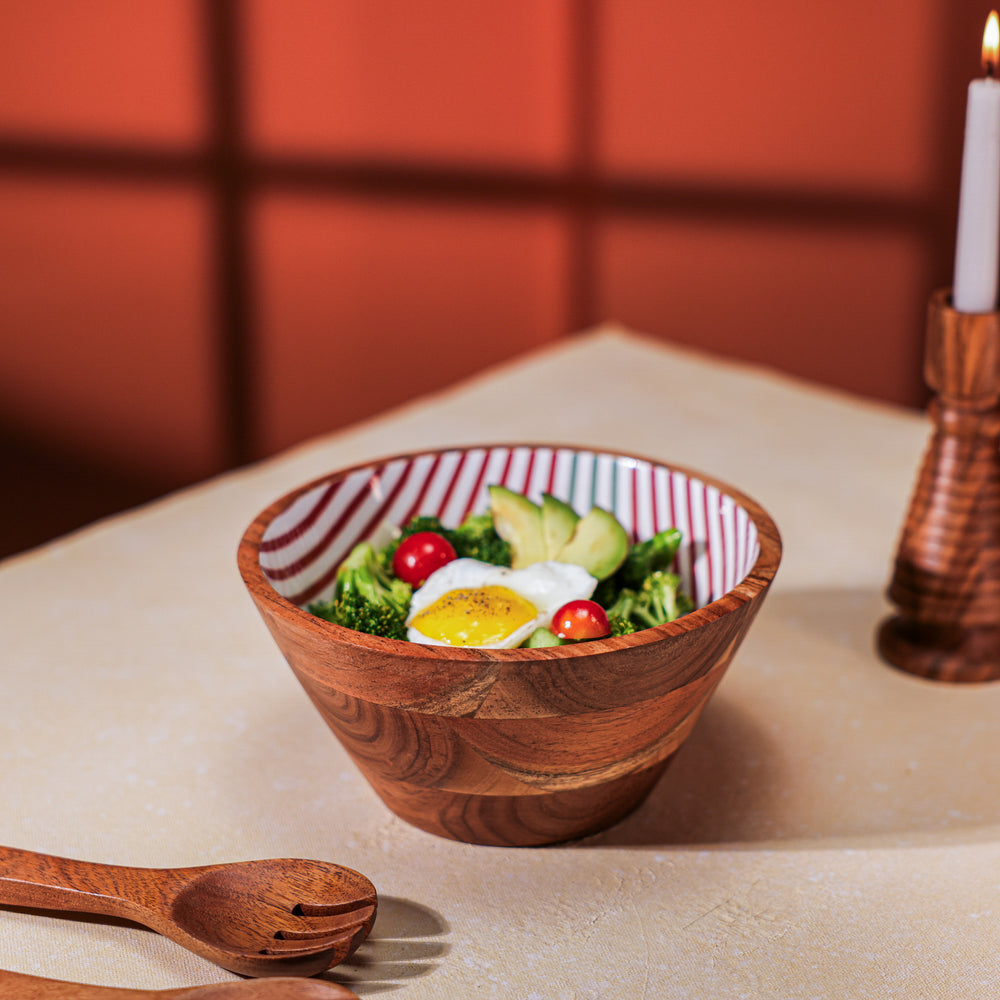 Ireka Homes Handcrafted Ripple Serving Bowls - Multipurpose Acacia Wood Bowls With Enamel - Durable Bowls for Serving Food, Snacks, and Desserts (8 inches)