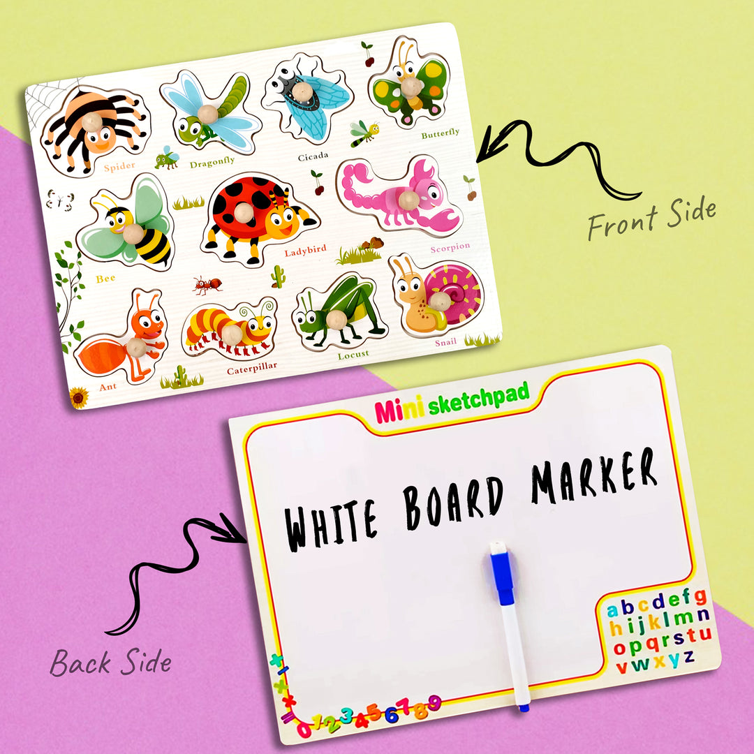 Wudly Toys Wooden Knob & Marker Puzzle Board | Alphabet, Numbers, Animals & Fruits