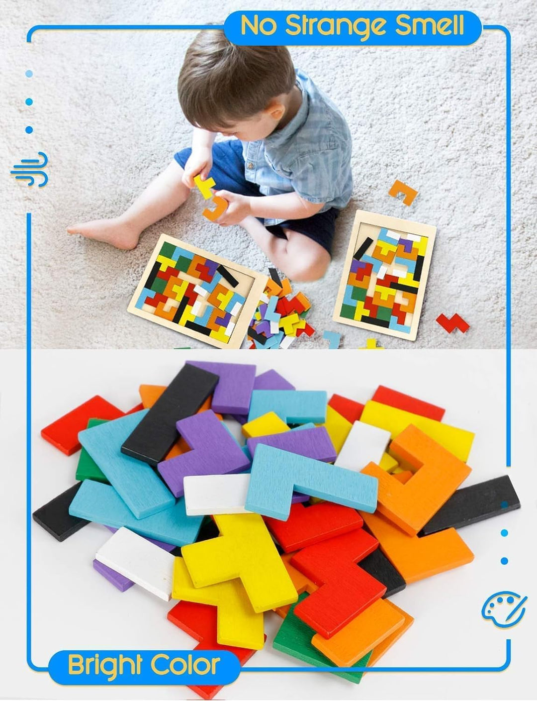 Wudly Toys Wooden Basic Russian Block Puzzle | Tetris Style, 10mm Blocks