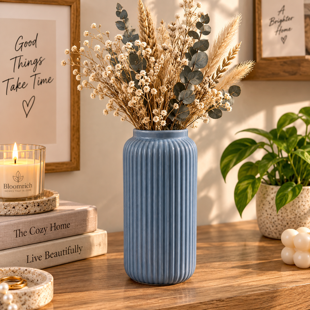 Bleu Cotele – Tall Blue Ribbed Ceramic Vase