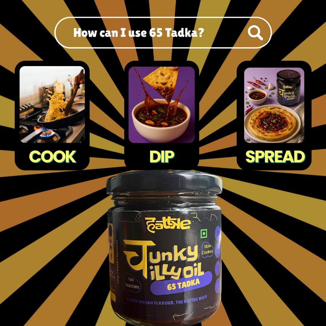 HATTKE Chunky Chilli Oil, 65 Tadka Flavour, South Indian Style Cooking & Drizzling Oil with Curry Leaves and Garlic, All Natural, No Preservatives, Natural & Fresh Ingredients - 175g