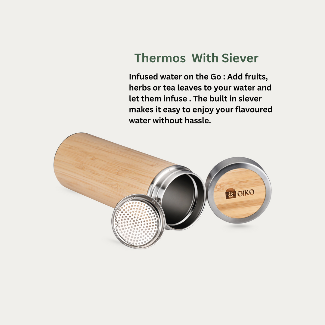 OIKO Bamboo Stainless Steel Water Bottle (Insulated) 500 ML