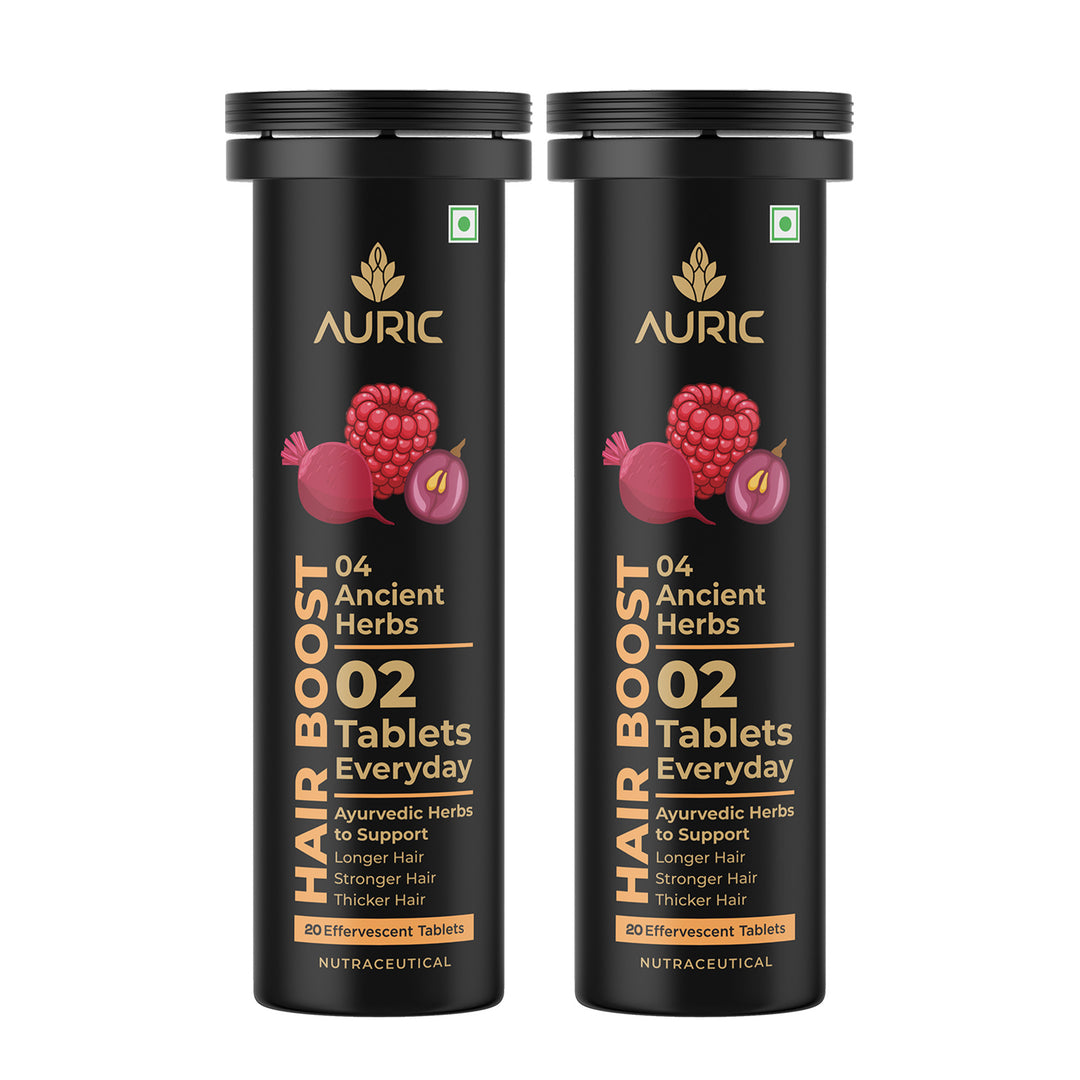 Auric Hair Boost Effervescent Tablets 20 Count | Ayurvedic Formula for Hair Fall Control | Biotin, Zinc, Beetroot & Grapeseed Extracts & Herbal Extracts | Hair Growth & Strength Support