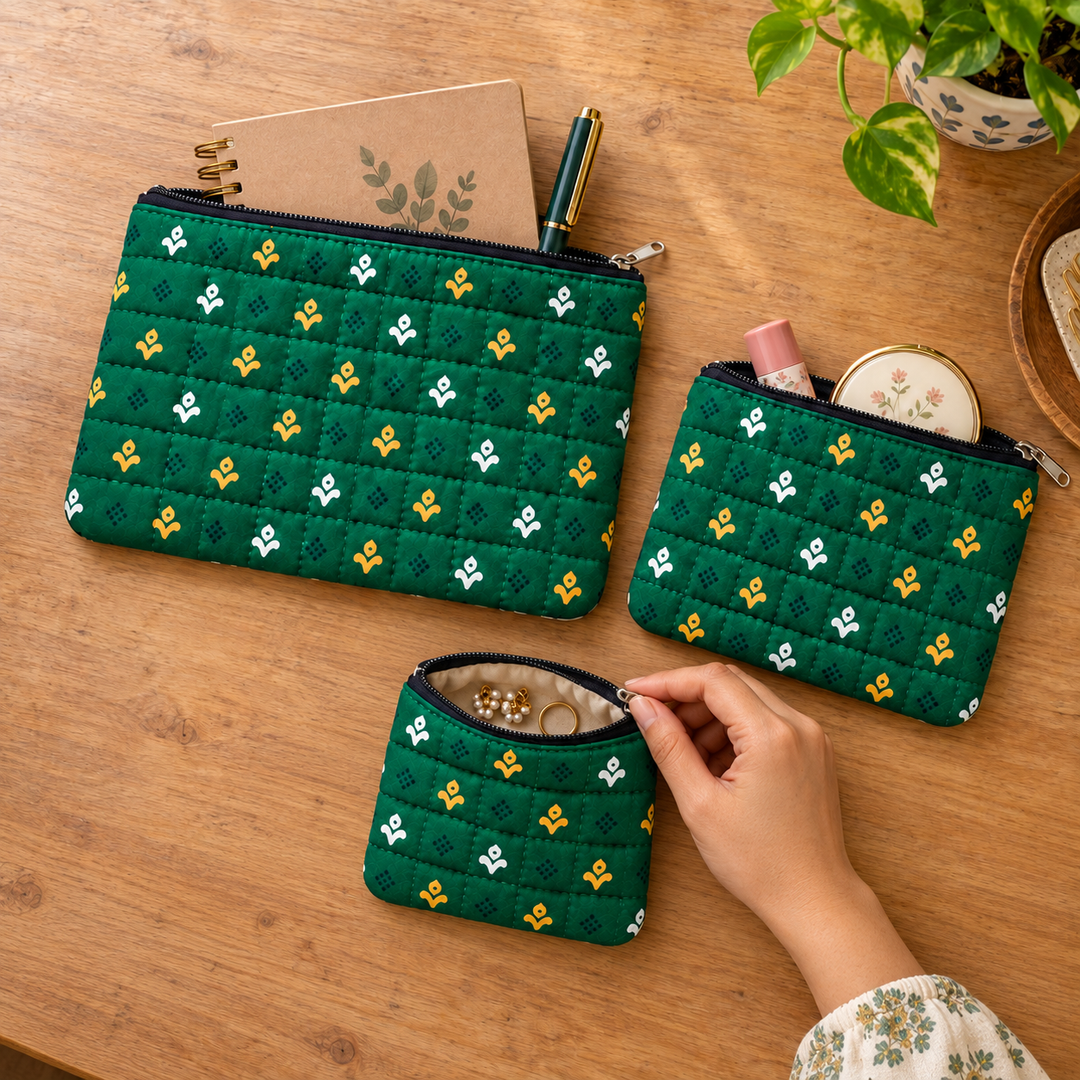Pravaah Punh Quilted Cotton Flat Pouch Set of 3, Multipurpose Organisers
