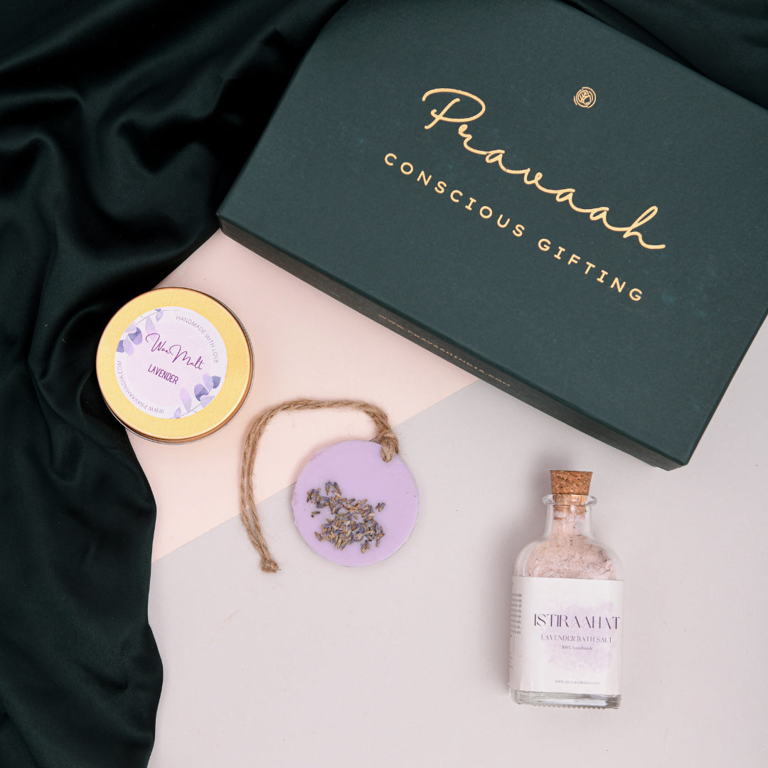 Luxury Rakhi Gift Hamper | Lavender Bath Salts, Soy Wax Air Freshener & Wax Melts | Handmade Self Care Gift Box for Brother & Sister | Pravaah