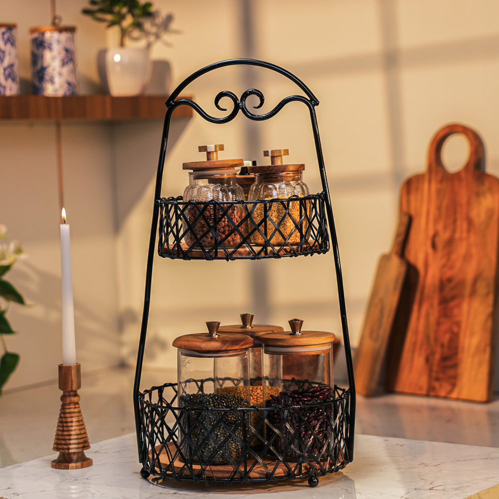Ireka Homes Orbit Basket – Handcrafted Acacia Wood & Metal Storage Basket – Sturdy 2-Tier Organizer for Fruits, Vegetables & Kitchen Essentials