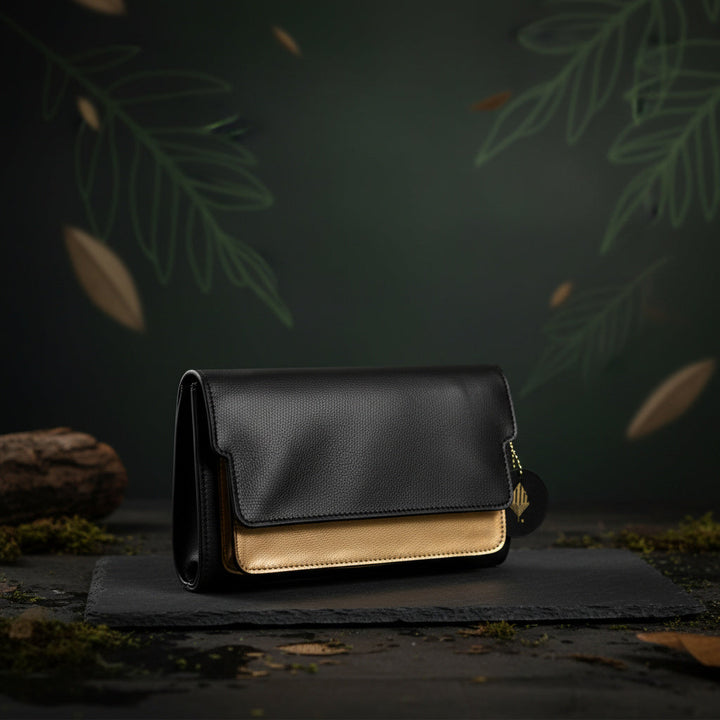 Fides plant leather women's wallet in black and gold made from cactus leather by Green Hermitage