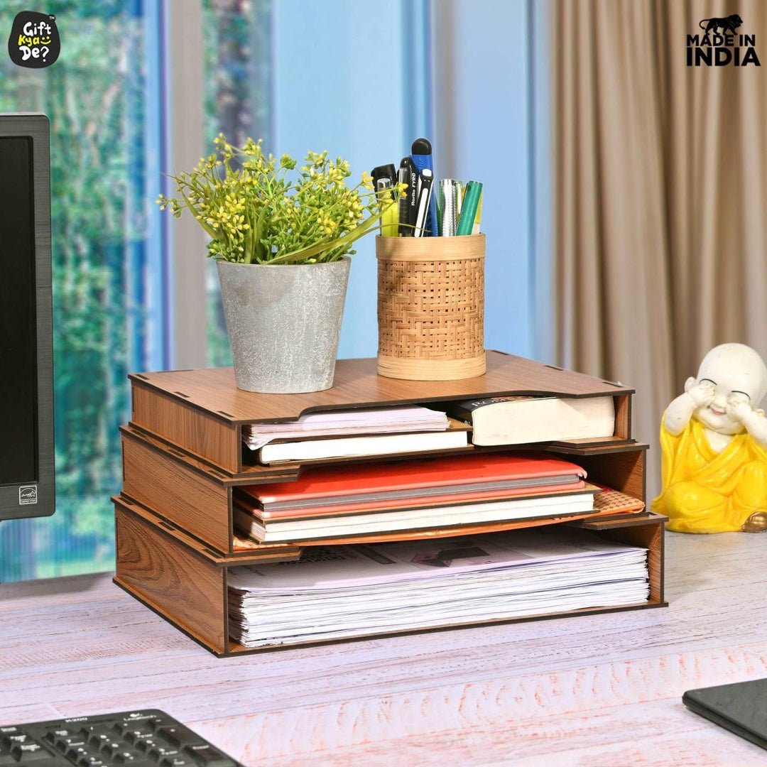 Gift Kya De File Organiser 3 Tier Paper Tray For Office Desk, Horizontal & Vertical Adjustment A4 Documents Organizer