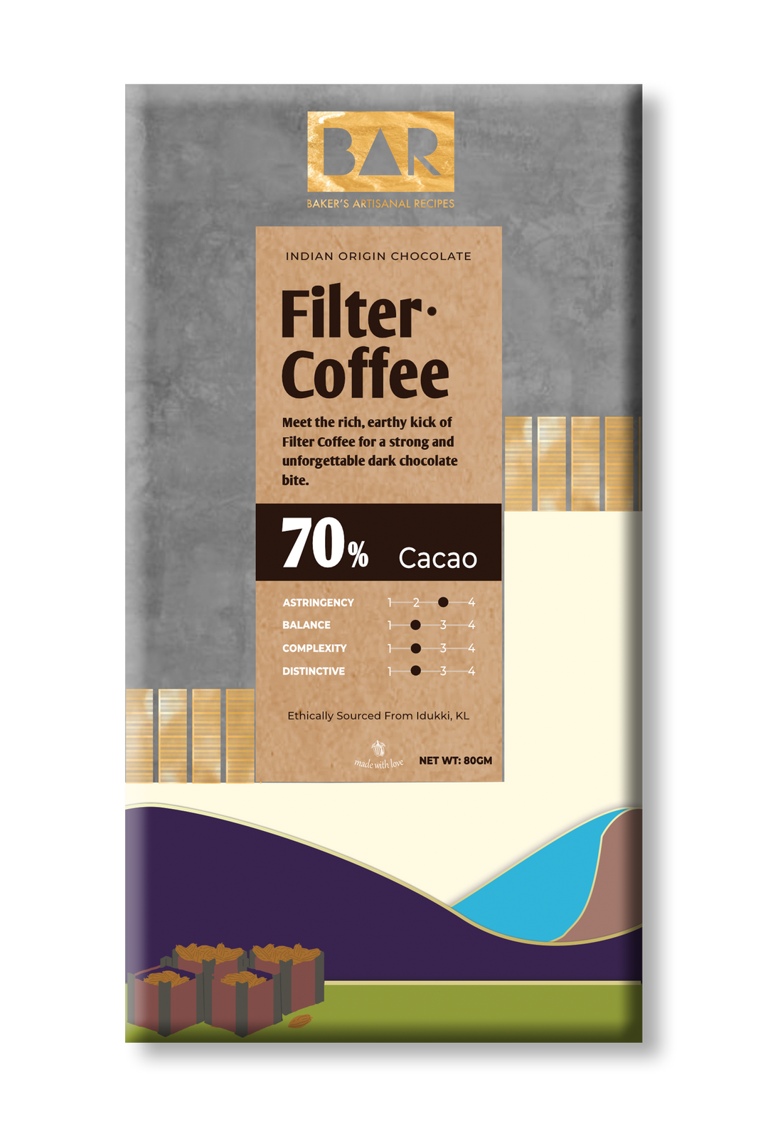 BAR Filter Coffee 70% – Idukki Origin Dark Chocolate – 80 gm