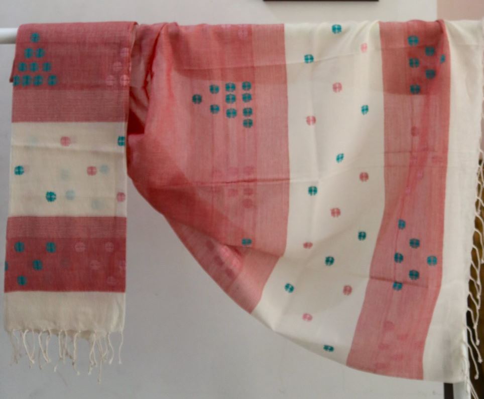 Soul Shoppr Stole Dark Peach Jamdani with Lucky Clover Butis and Tassels|Handloom |Organic Cotton