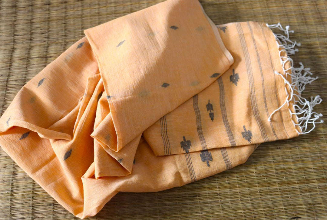 Soul Shoppr Burdwan Jamdani Dupatta Light Apricot with Butis |Handloom |Organic Cotton