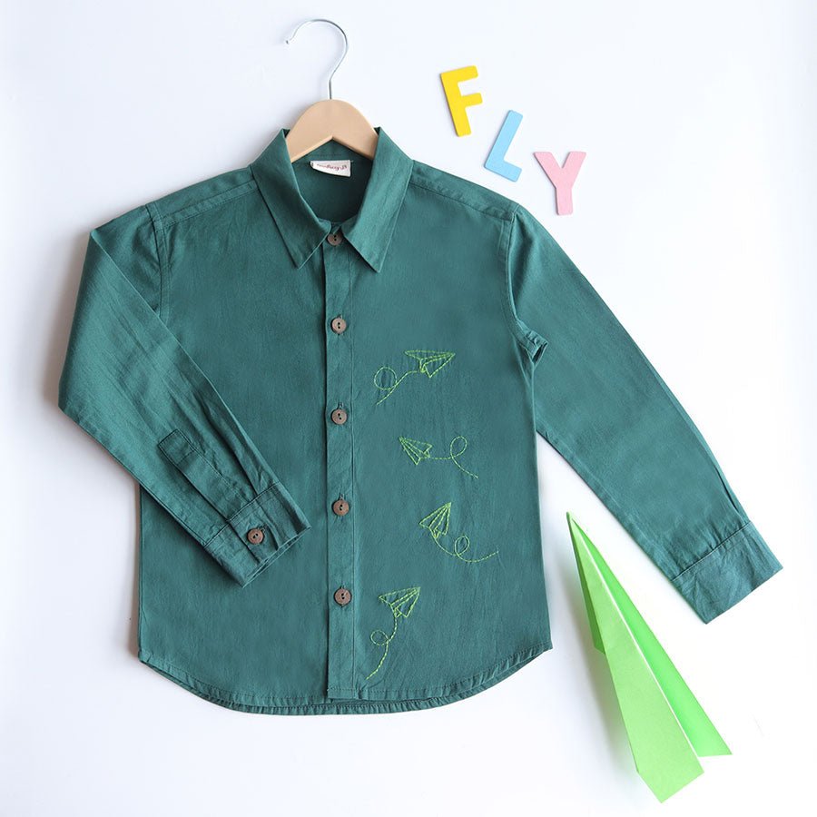 Fly High Embroidered Formal Shirt - Bottle Green - Suspire